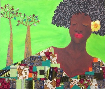 アフリカ人 Painting - 黒人女性と緑の装飾パターンの木 アフリカ